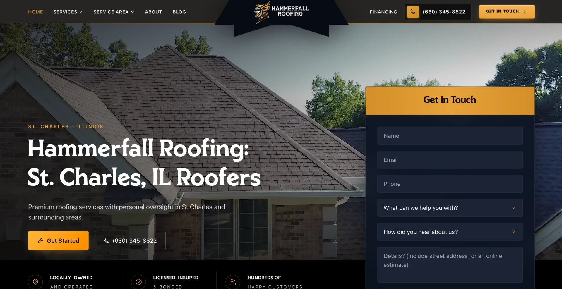 Homepage of the custom website built for Hammerfall Roofing, roofing in St. Charles, IL