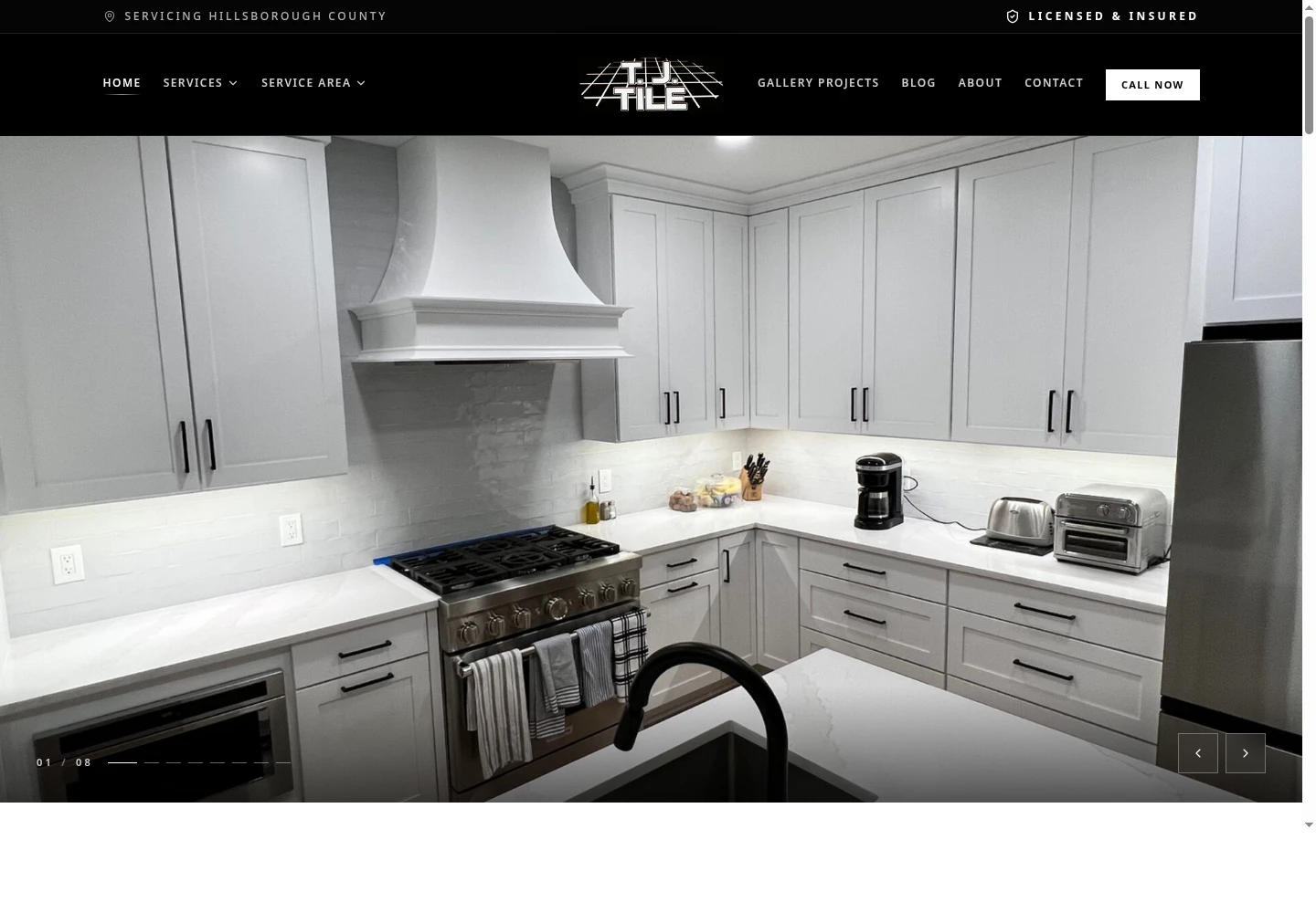 Homepage of the custom website built for T.J. Tile & Contracting, tile & remodeling in Tampa, FL