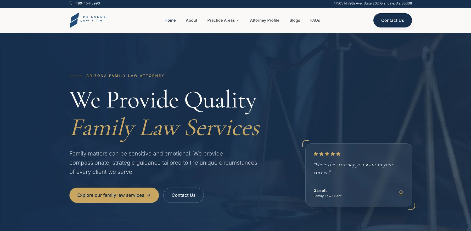 Homepage of the custom website built for Sander Law, family law in Glendale, AZ