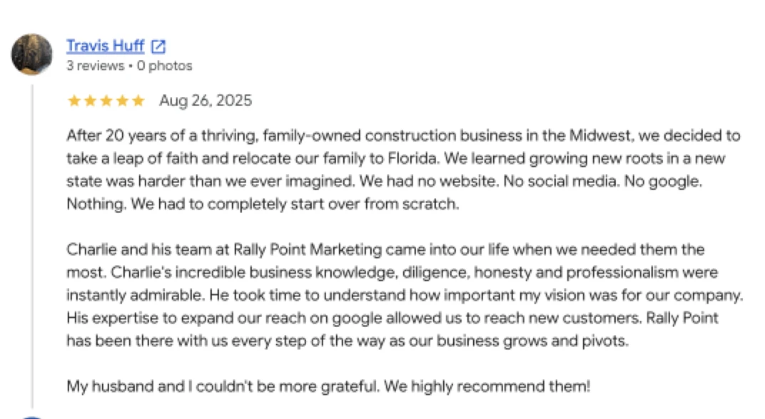 Five-star Google review posted under the Travis Huff profile on August 26, 2025, describing the family's fresh start and work with RallyPoint