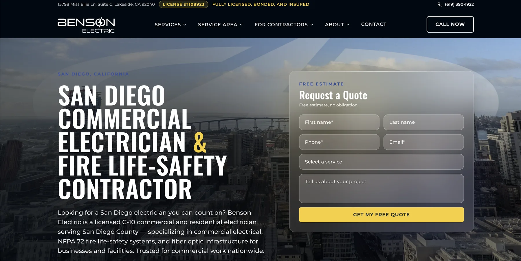 Homepage of the custom website built for Benson Electric, electrical in San Diego, CA