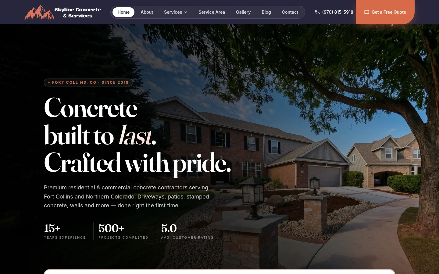 Homepage of the custom website built for Skyline Concrete and Services, concrete in Fort Collins, CO